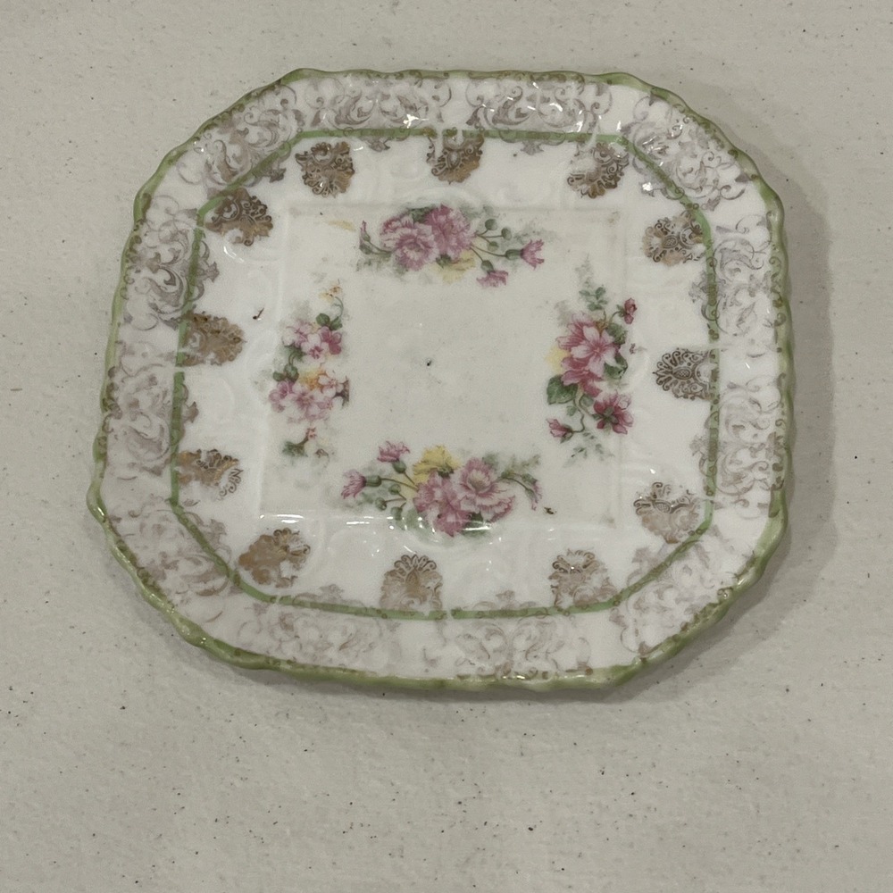 Imperial China Austria Unusual Plate Trivet Floral Gold Green Square Octagonal